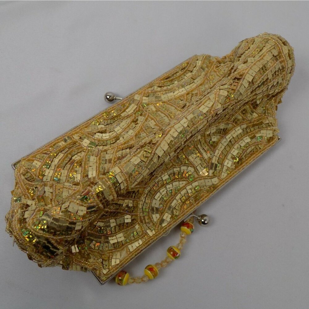 Gold Colored Sequin Clutch Purse Bag Beaded Handle Kissing Clasp Lined Strap - Picture 5 of 8